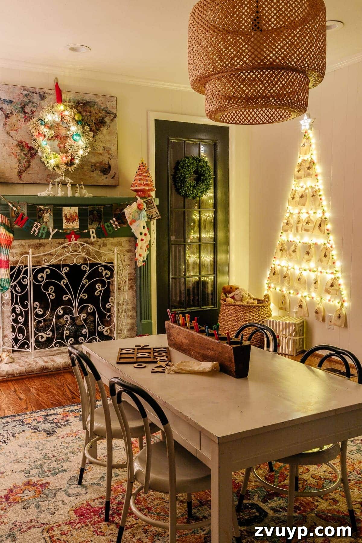 Thrifty Wall Christmas Tree with Twinkling Lights 13 cheap DIY wall Christmas tree with lights in a playroom