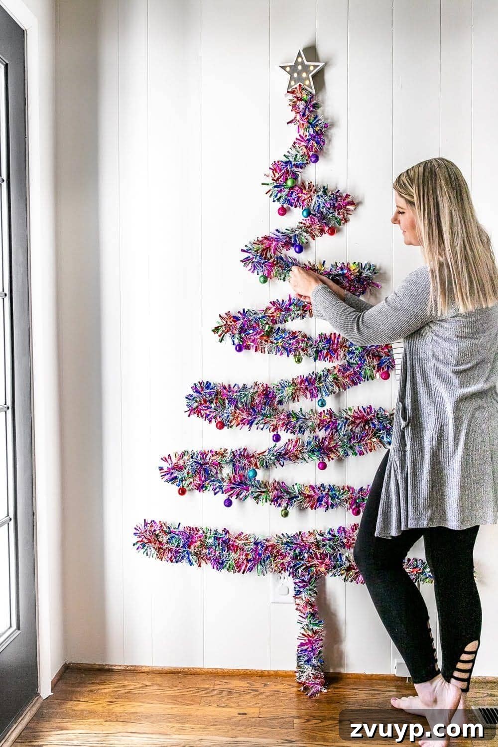 Thrifty Wall Christmas Tree with Twinkling Lights 9 Adding ornaments to a wall Christmas tree