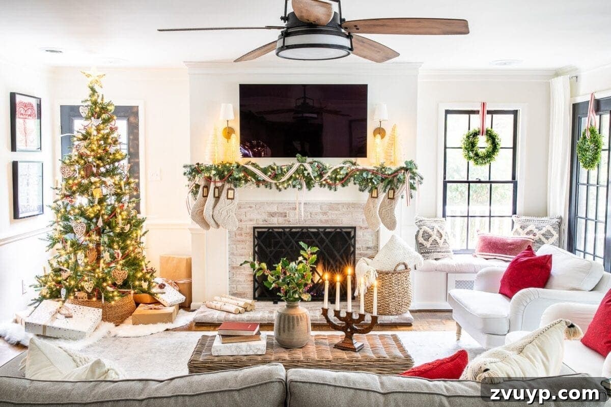 Weaving Past and Present: A Swedish Christmas Decor Story 2 A beautifully decorated living room with Swedish Christmas decor, featuring a Christmas tree adorned with traditional ornaments, cozy textiles, and a Dala horse, evoking a sense of nostalgic warmth.