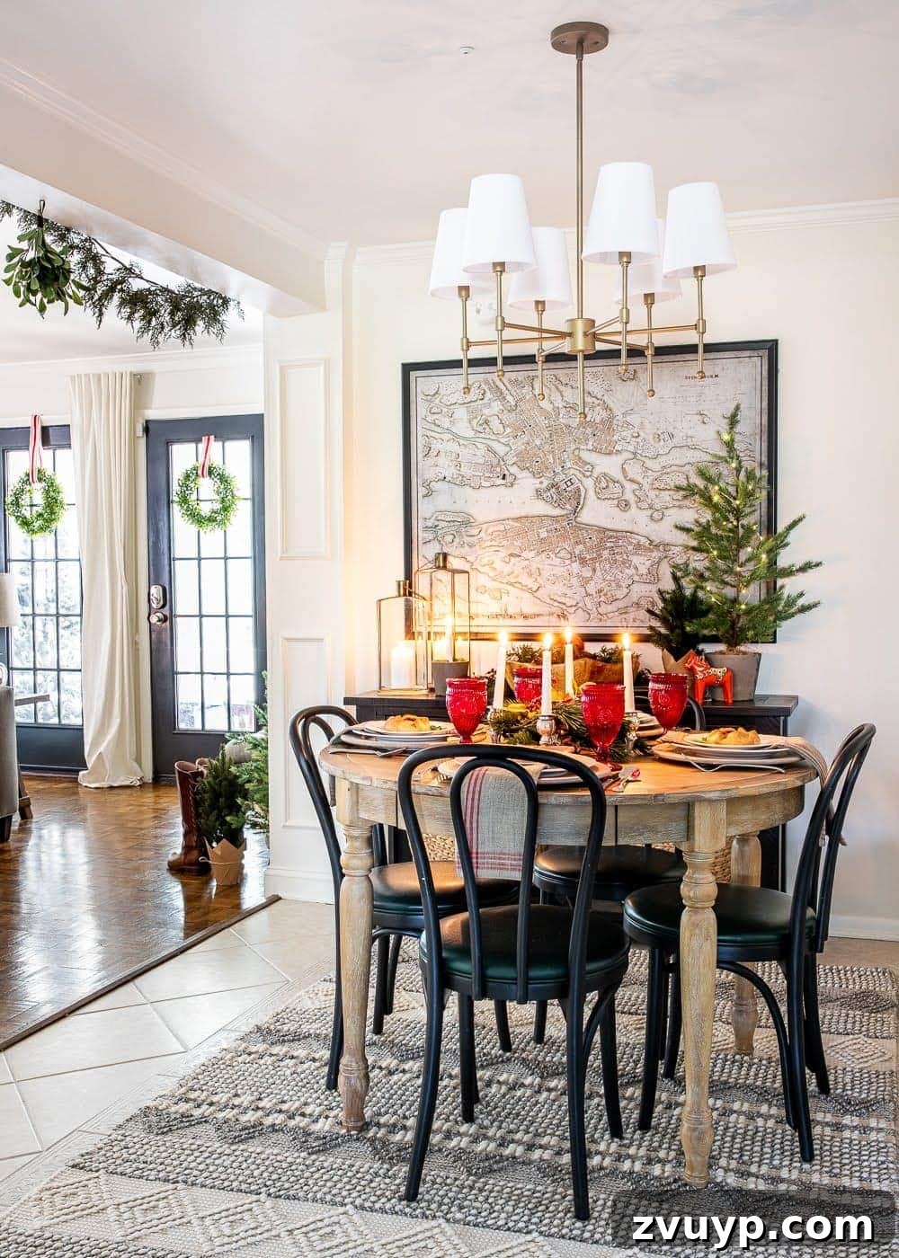 Weaving Past and Present: A Swedish Christmas Decor Story 11 A warm and inviting Swedish Christmas breakfast nook, decorated with festive linens, an Advent candelabra centerpiece, and natural elements, creating a cozy holiday dining space.