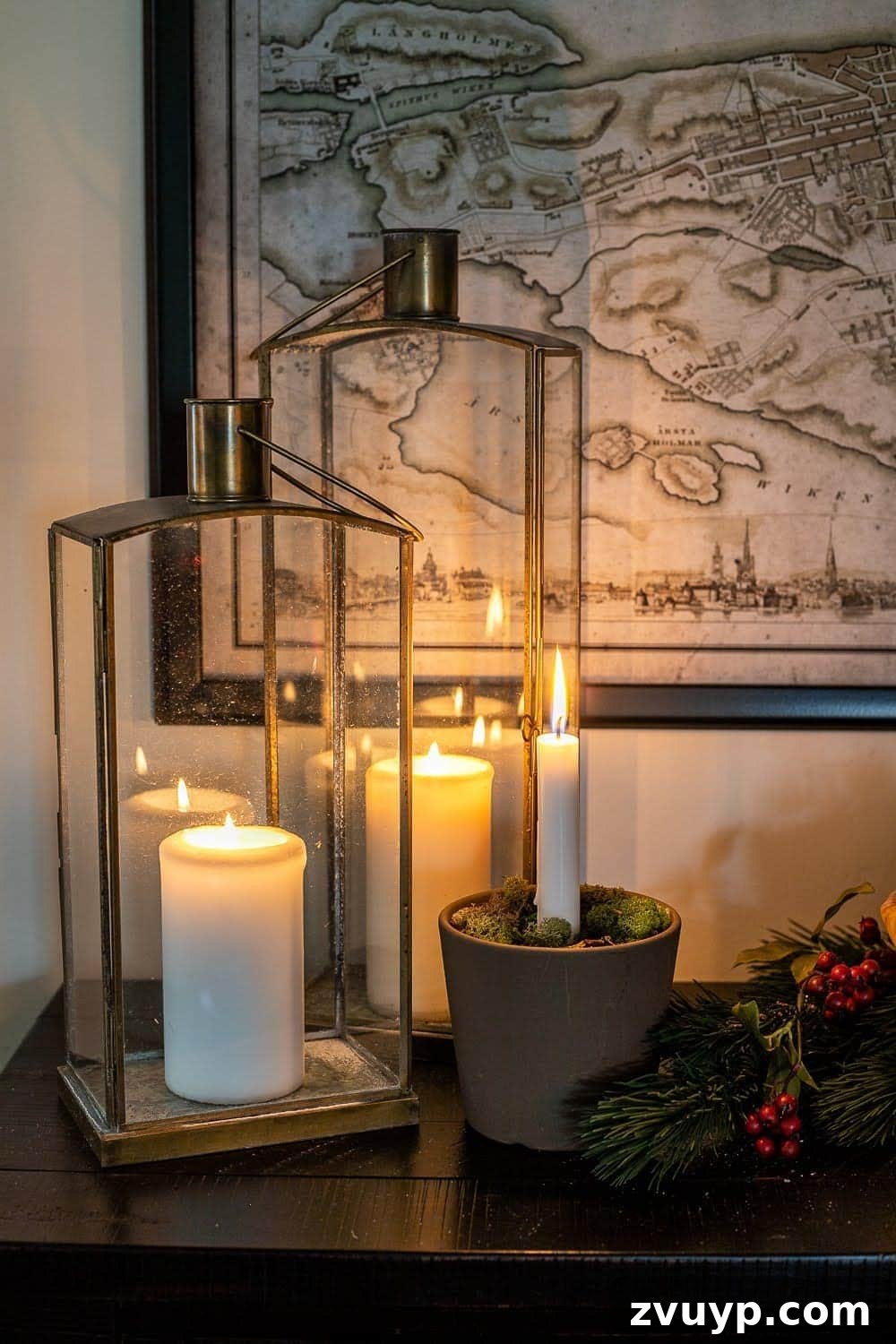 Weaving Past and Present: A Swedish Christmas Decor Story 19 A charming vignette featuring lanterns and abundant candlelight, creating a warm and cozy hygge ambiance for Christmas decor.