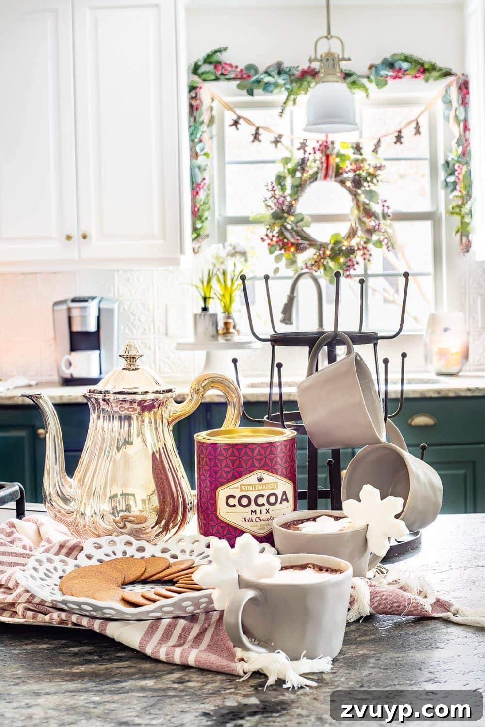 Weaving Past and Present: A Swedish Christmas Decor Story 4 A festive Christmas kitchen scene featuring a hot cocoa station, with an antique silver teapot, modern stone mugs, and various delicious toppings, creating a welcoming holiday treat display.