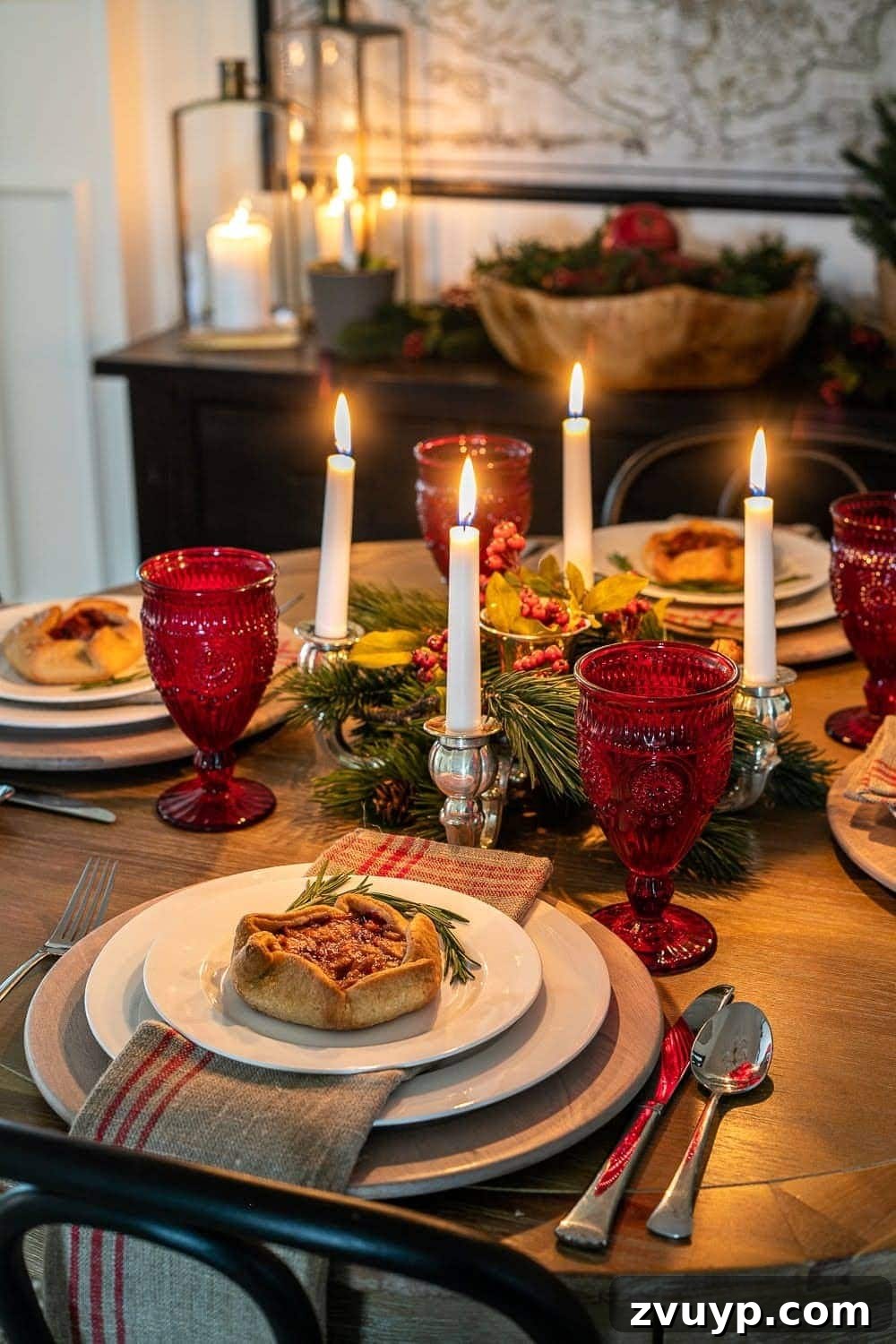 Weaving Past and Present: A Swedish Christmas Decor Story 10 A stunning Swedish Christmas centerpiece featuring an Advent candelabra adorned with greenery, beautifully mimicking a St. Lucia crown, and surrounded by festive dinnerware.