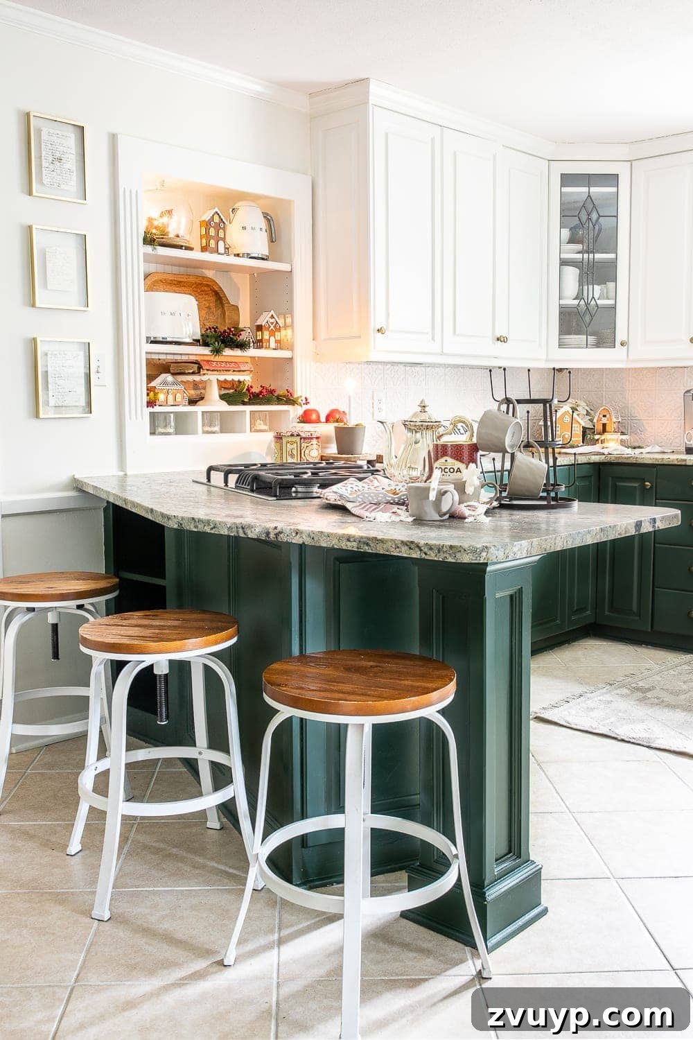 Festive Home Tour 14 Christmas decor ideas: Festively decorated kitchen shelves featuring charming gingerbread houses and a cozy cocoa bar setup, perfect for holiday entertaining and family fun.