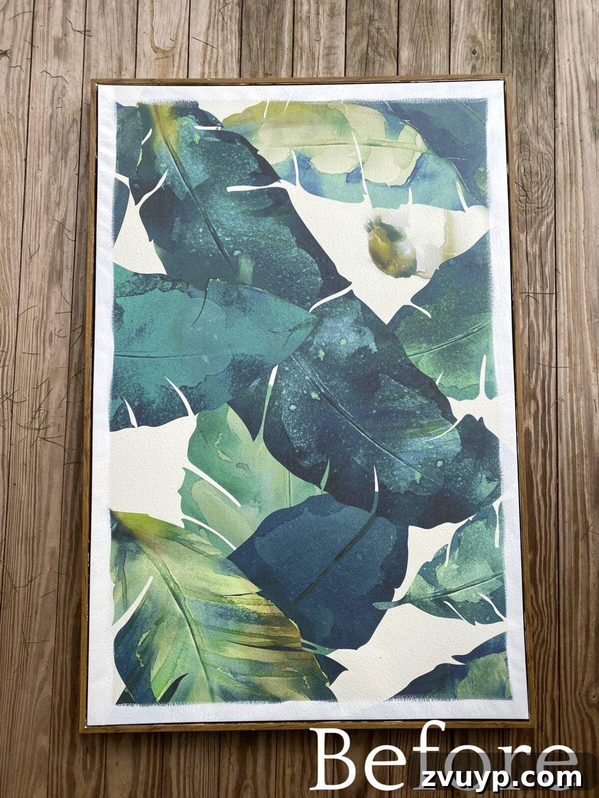 Upcycled Canvas Creations 2 Old tropical palm art canvas before repurposing