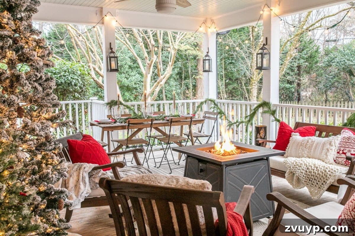 Warm Yuletide Veranda 2 Cozy Christmas back porch with fire pit table, outdoor seating, and an outdoor dining space