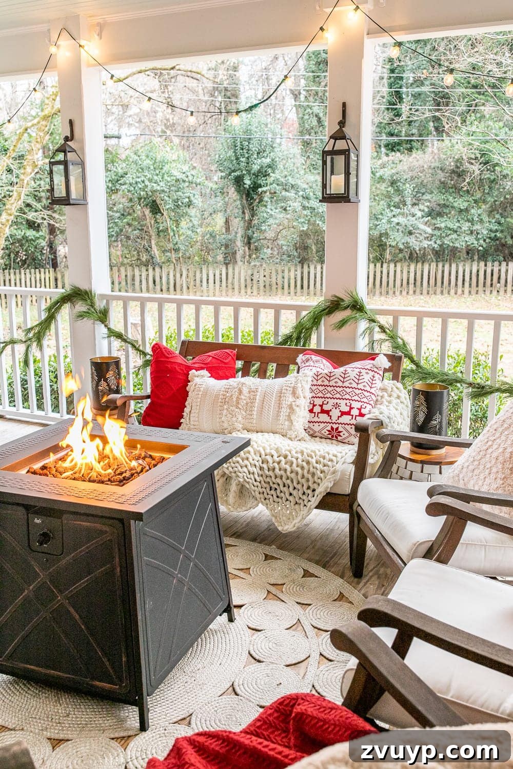 Warm Yuletide Veranda 3 Cozy Christmas back porch adorned with traditional red and green colors, featuring soft throw pillows and warm blankets