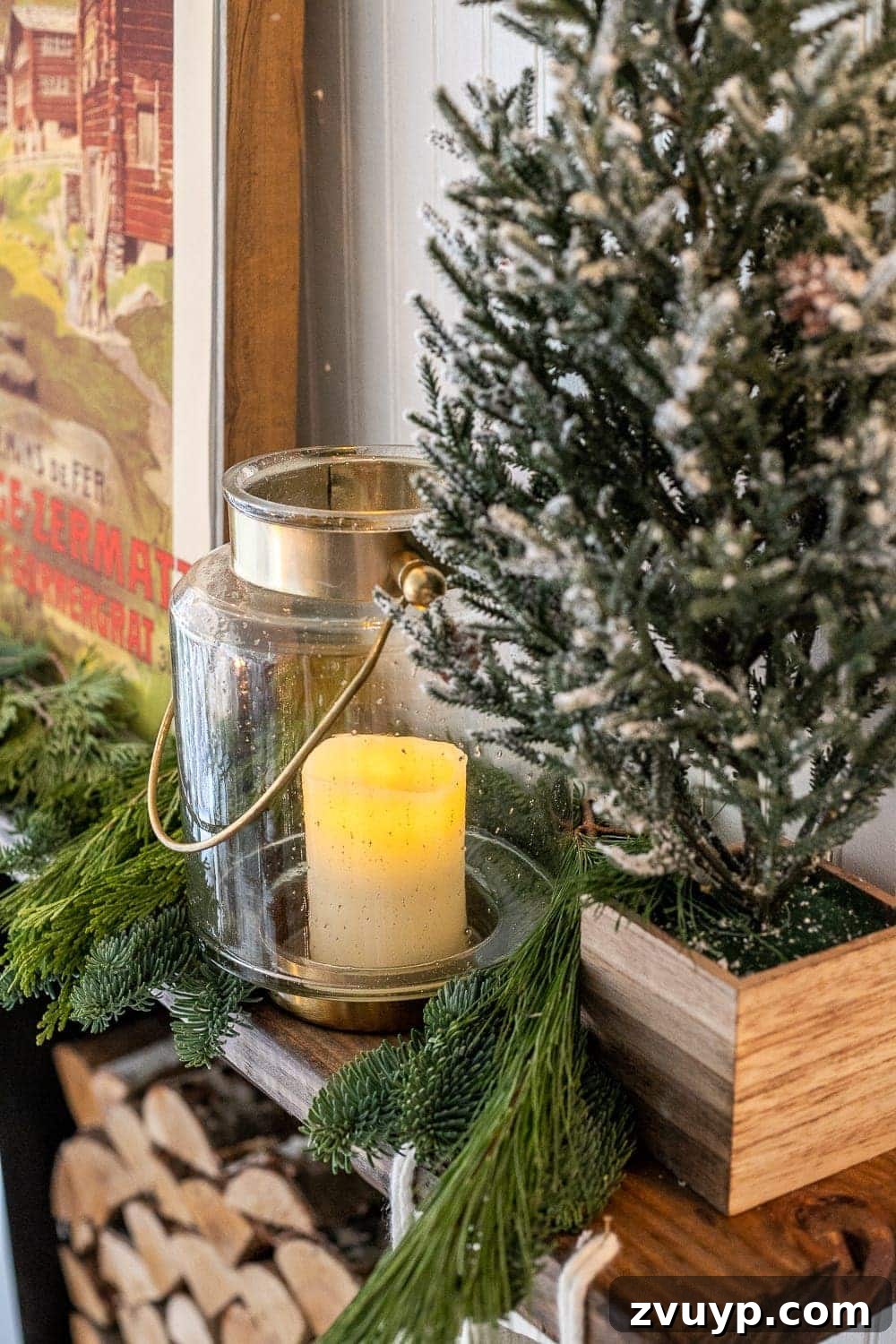 Warm Yuletide Veranda 10 Christmas mantel decor with lush fresh greenery, miniature trees, and elegant glass lanterns