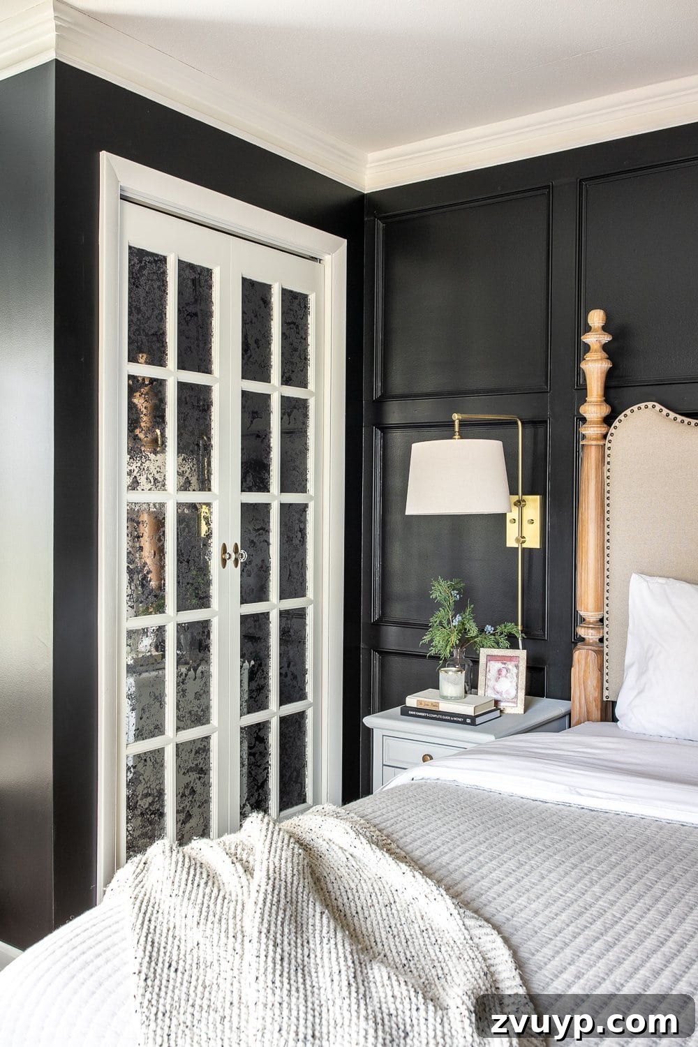 DIY Mirrored French Bi-Fold Closet Door Transformation 12 Mirrored French Closet Doors | How we created a vintage style, glamorous solution for our bifold doors on our master bedroom's his and her closets for added light and texture. #closetdoor #bifolddoor #vintagedoor
