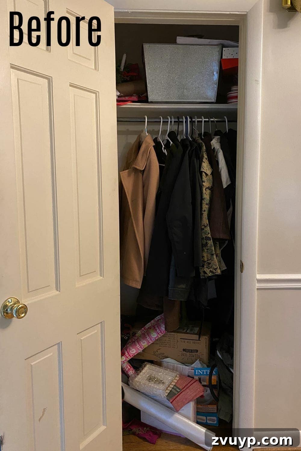 Smart Coat Closet Organization 3 Overstuffed and disorganized coat closet before renovation, showing clutter and inefficiency.
