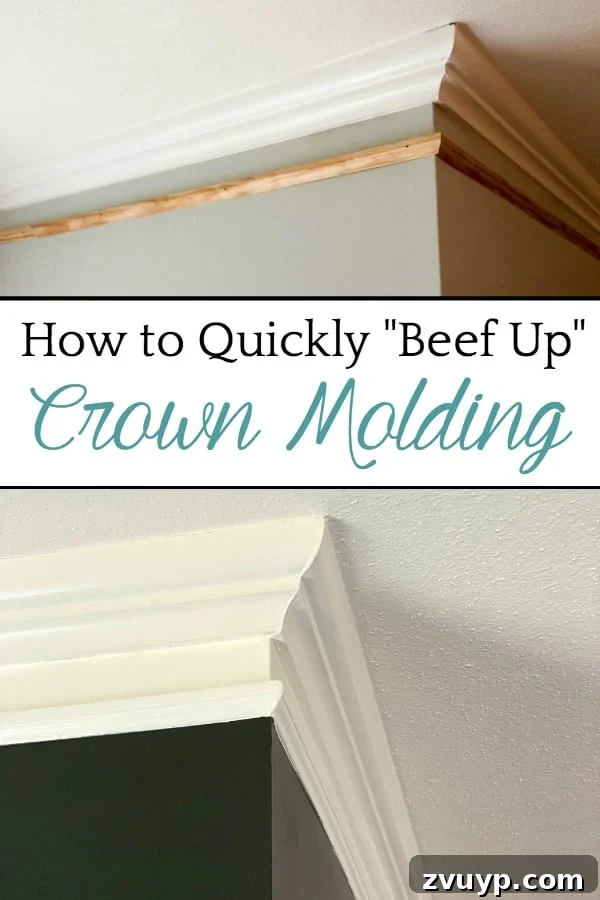 Elevate Your Edges: Simple Hacks for More Substantial Molding 5 Pinterest Pin: How to Quickly Beef Up Crown Molding and Baseboards | One easy trick to make thin crown molding and baseboards thicker and more stately for less than $1 per foot. Transform your home on a budget!