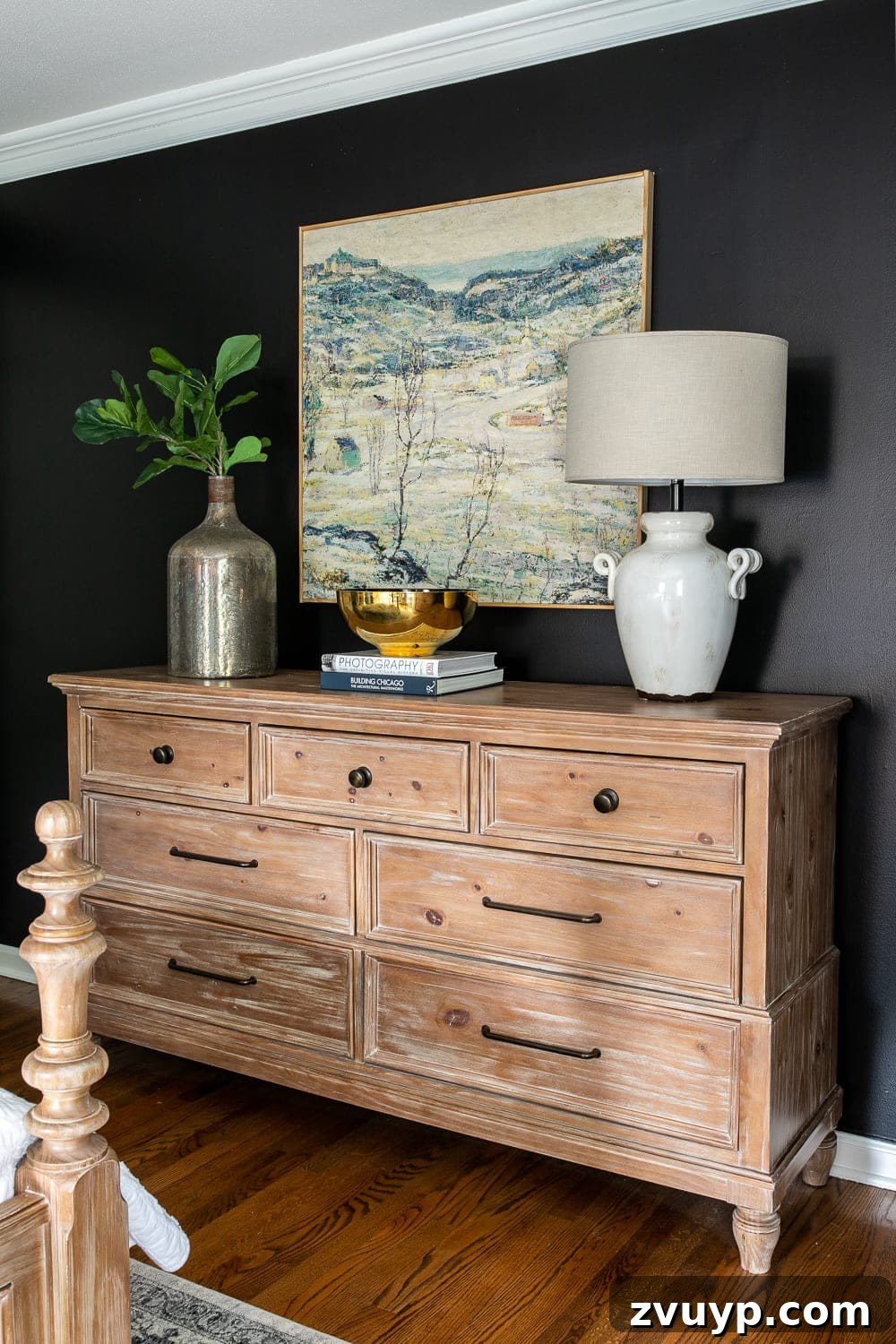 A Masterpiece in Mood: Our Modern Vintage Master Bedroom Unveiled 15 DIY large scale art for under $50 displayed above a dresser in a modern vintage black master bedroom.