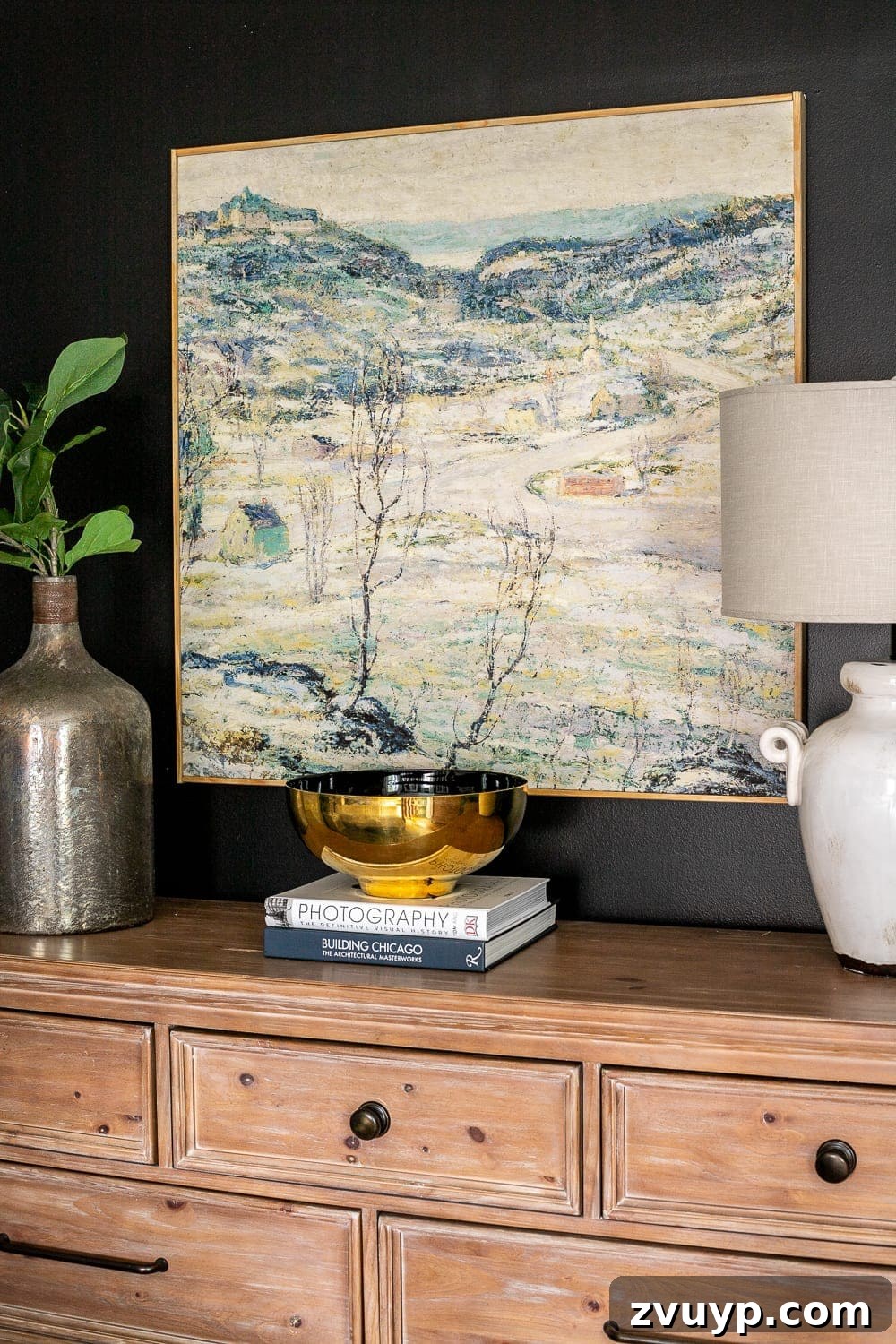 A Masterpiece in Mood: Our Modern Vintage Master Bedroom Unveiled 16 Close-up of the stunning DIY large scale art, a budget-friendly winter landscape print, adding a focal point to the bedroom.