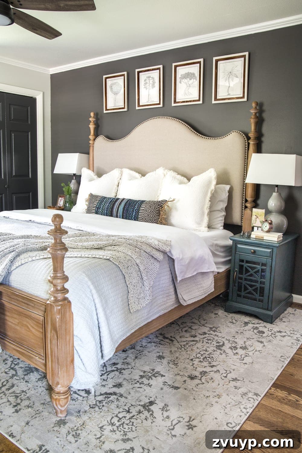 A Masterpiece in Mood: Our Modern Vintage Master Bedroom Unveiled 4 Modern vintage master bedroom showing a dark accent wall behind the bed, transitioning towards a moody black aesthetic.