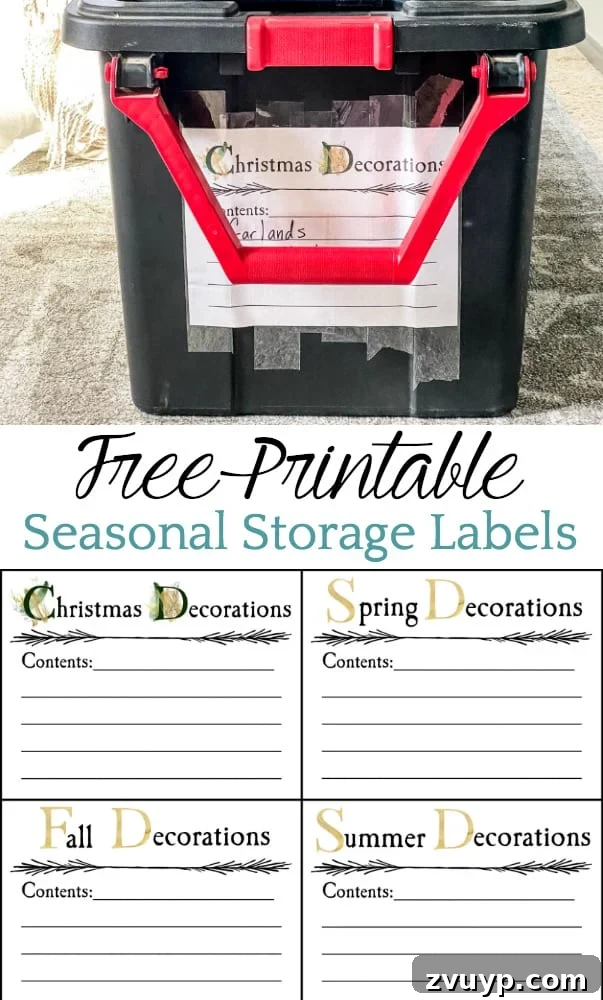 Attic Makeover: Smart Seasonal Storage and Labeling 9 Our attic clean-out makeover and how we store our seasonal decor + free printable seasonal storage bin labels for Christmas, spring, summer, and fall.