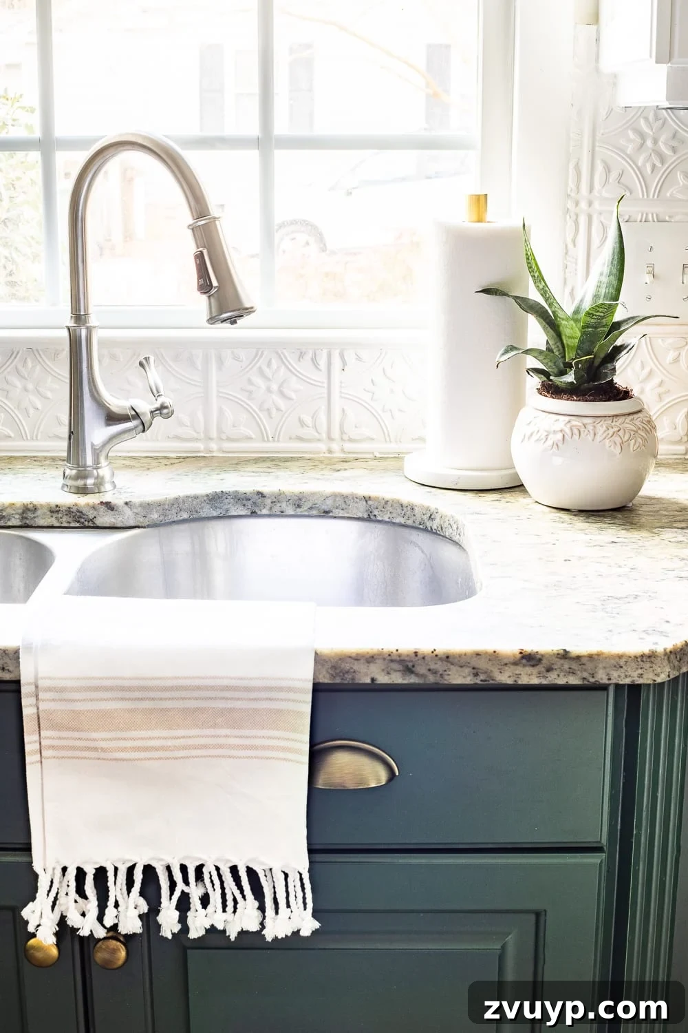 Stylish Kitchen Counters Made Simple 10 Decorative plant next to a kitchen sink, adding freshness to the counter