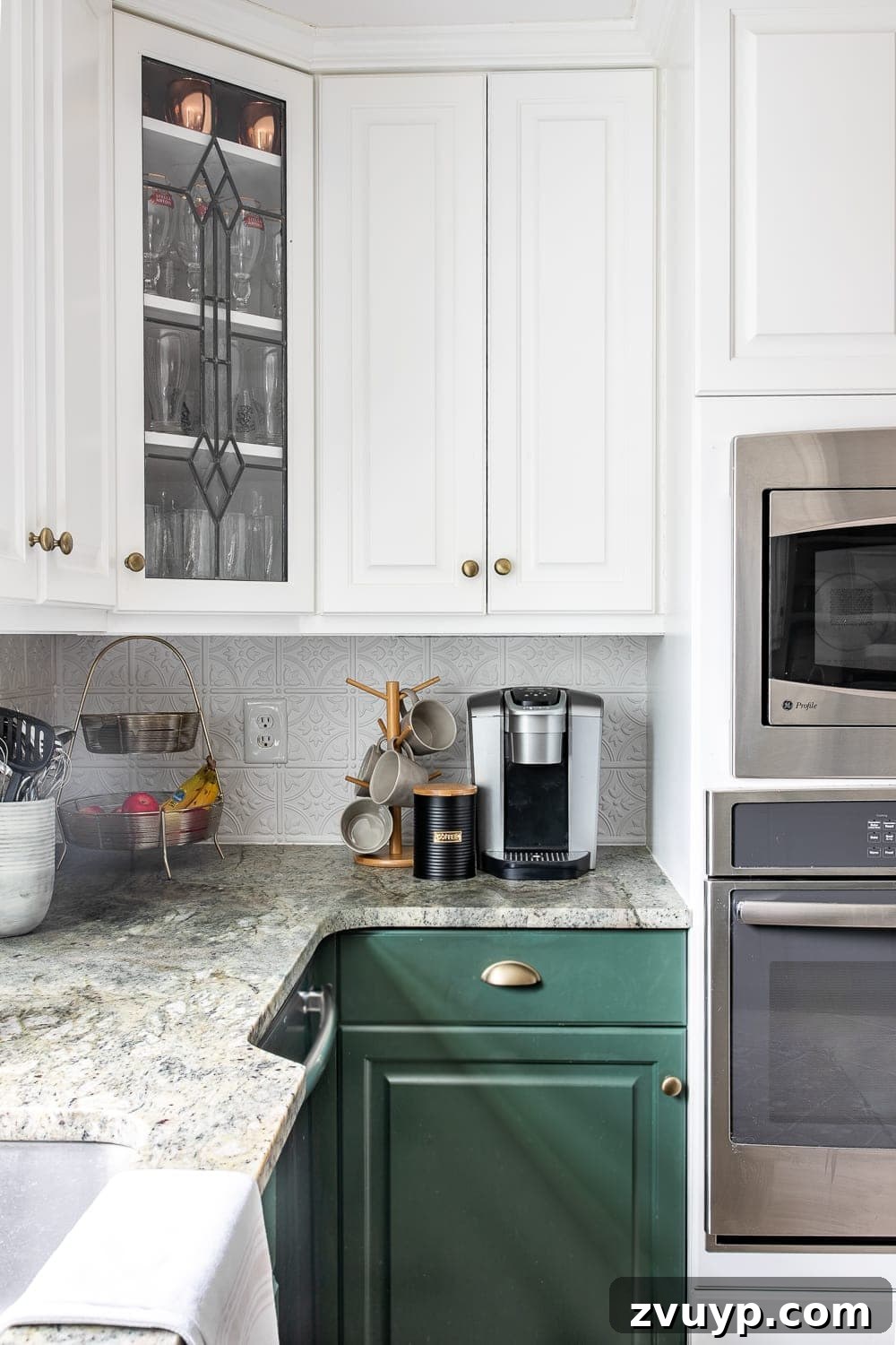 Stylish Kitchen Counters Made Simple 11 Kitchen counter with simple decor, including a fruit tiered tray and coffee station