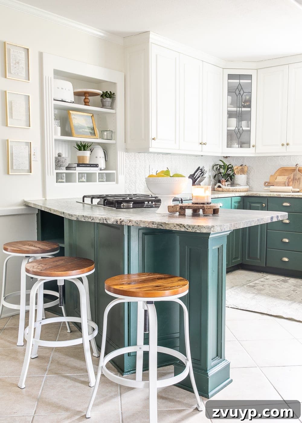 Stylish Kitchen Counters Made Simple 15 Kitchen counter decor with green cabinets and styled open shelves