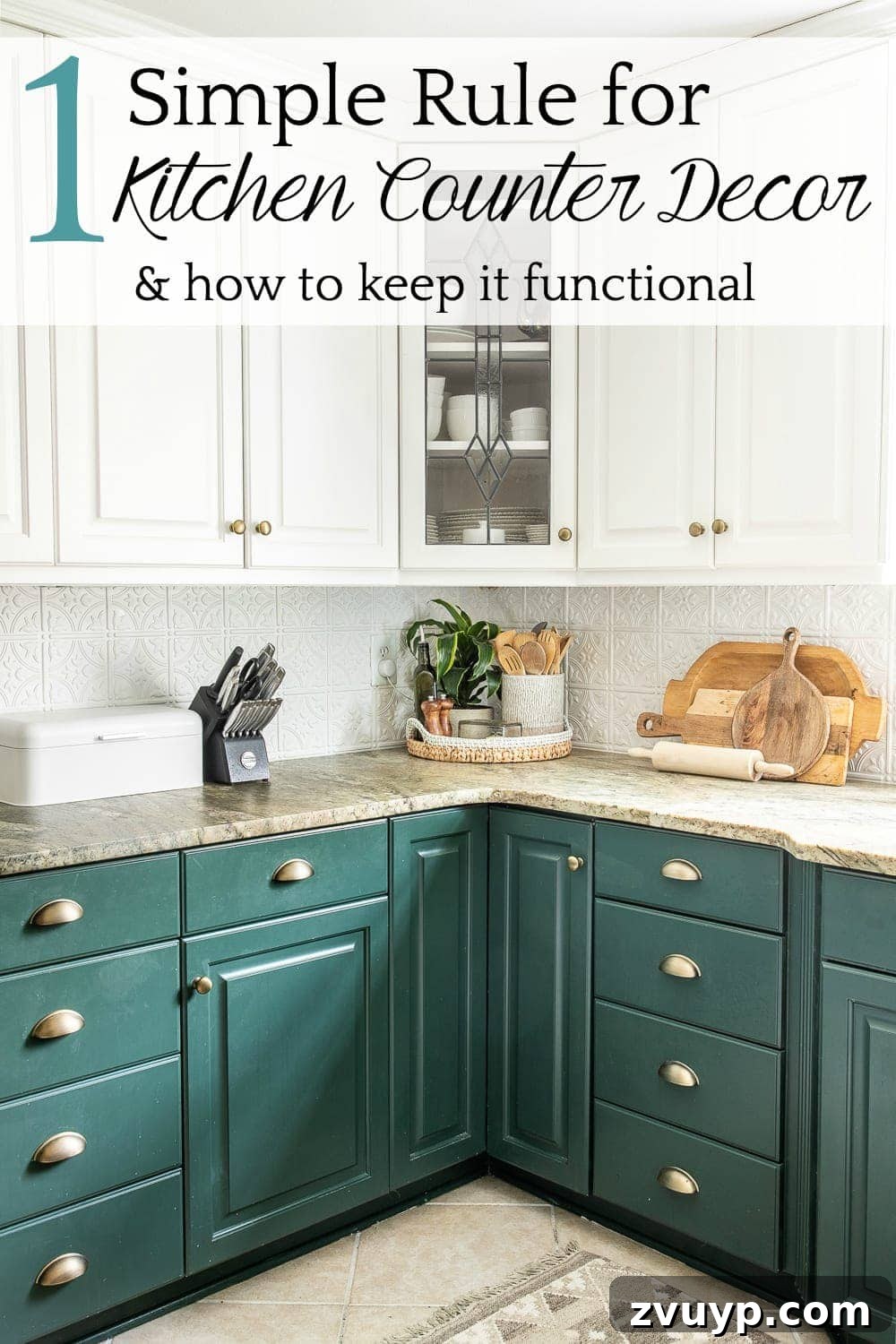 Stylish Kitchen Counters Made Simple 16 Pinterest Pin: How to Decorate Kitchen Countertops | 1 simple rule for kitchen counter decor and 10 items to make them pretty but still functional while cutting the clutter.