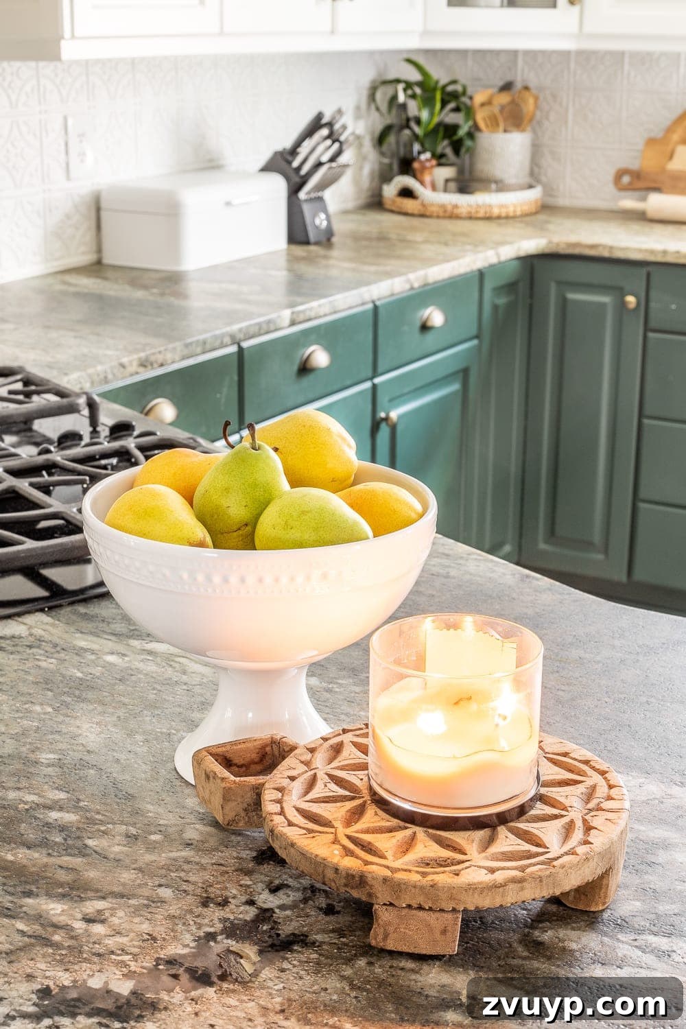 Stylish Kitchen Counters Made Simple 6 Pedestal bowl with fruit and a scented candle for kitchen counter decor