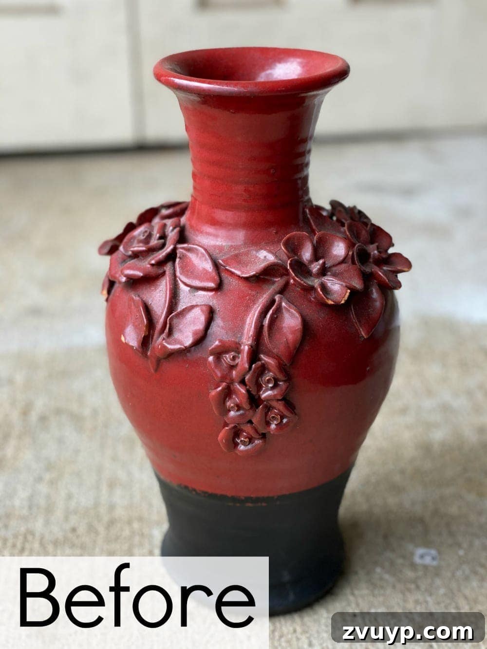 From Knock-Off to Showpiece: Ceramic Bloom Vase Transformation 2 Before: A thrifted ceramic vase with intricate, somewhat dramatic details, awaiting a modern makeover.