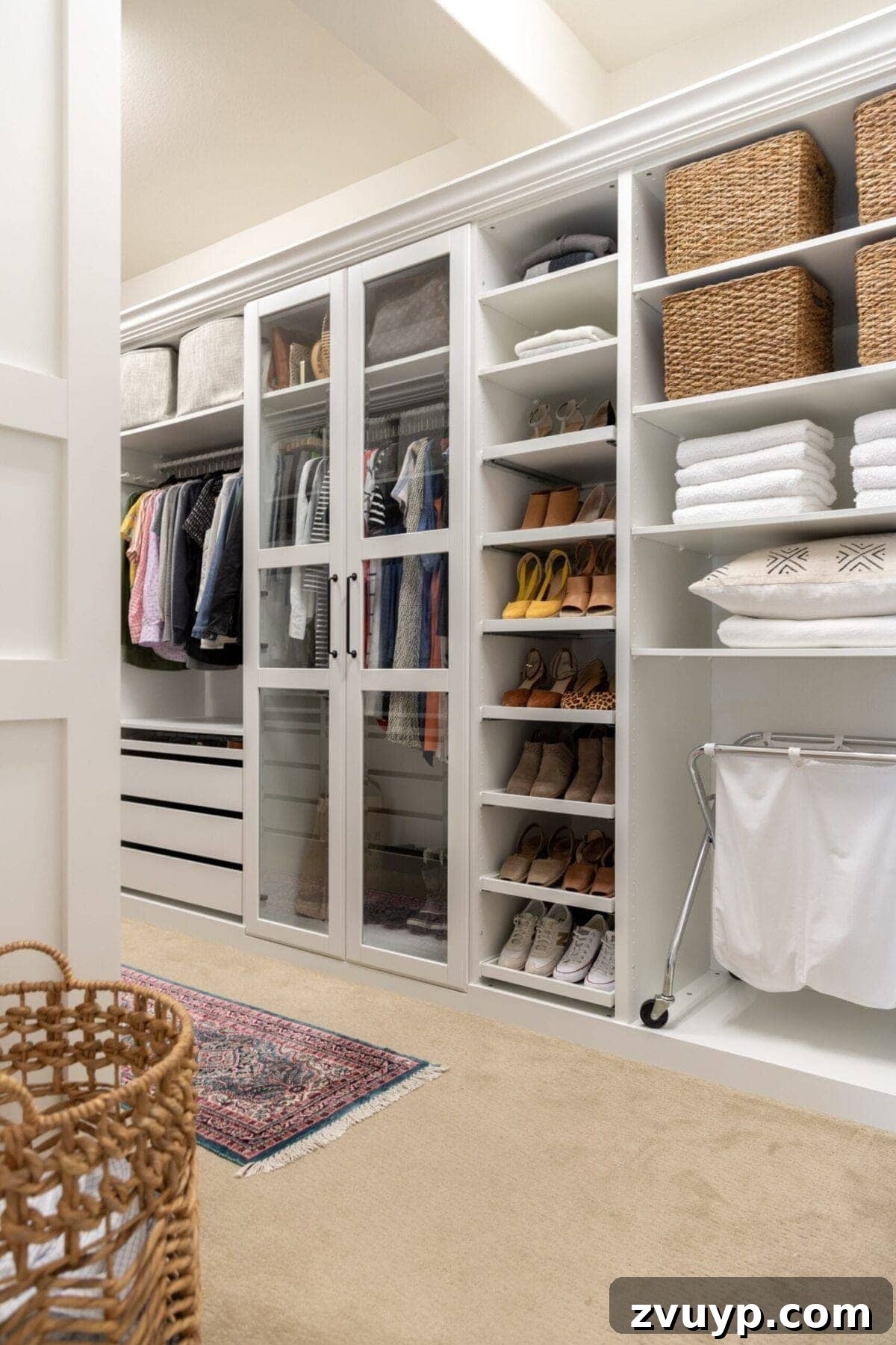 Smart DIY Upgrades for Your IKEA Pax Wardrobe 14 A sophisticated closet featuring glass front doors, showcasing organized shoe shelves and a built-in hamper, creating a luxurious feel.