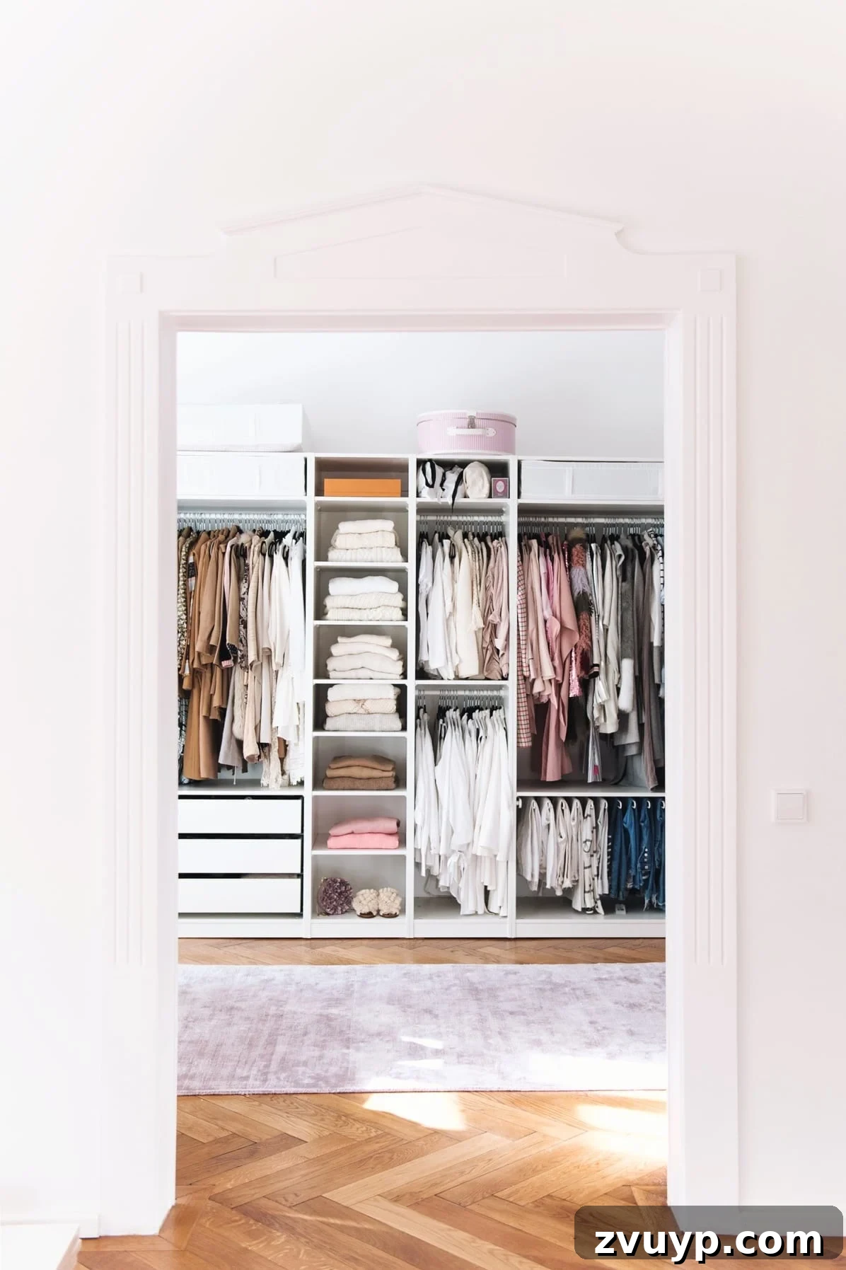 Smart DIY Upgrades for Your IKEA Pax Wardrobe 15 An IKEA PAX closet system elegantly installed in a converted spare room, featuring herringbone wood floors and custom encasement for a luxurious walk-in closet.