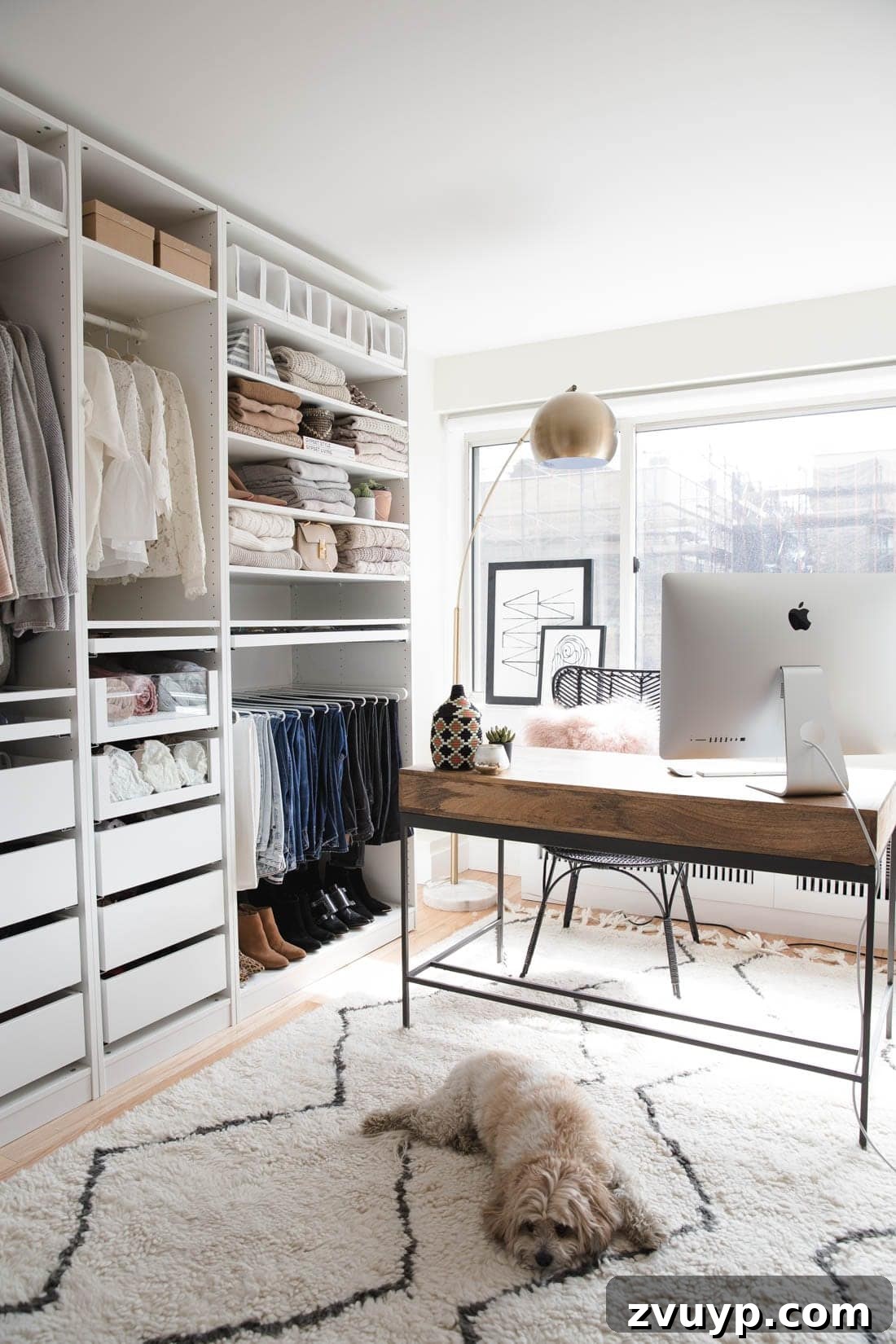 Smart DIY Upgrades for Your IKEA Pax Wardrobe 16 A neutral IKEA PAX closet integrated with a home office desk and a plush shag rug, creating a multifunctional and cozy space.