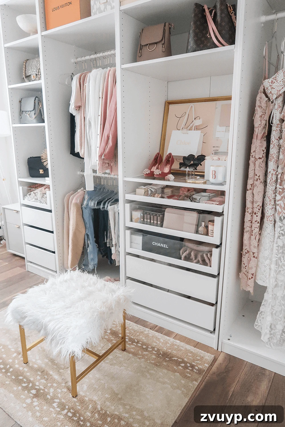 Smart DIY Upgrades for Your IKEA Pax Wardrobe 17 An IKEA PAX closet with clear drawer fronts and dedicated dividers for accessories like clutches and sunglasses, ensuring organized storage.