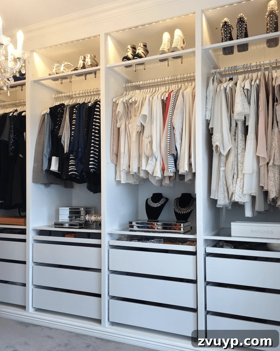 Smart DIY Upgrades for Your IKEA Pax Wardrobe 18 A built-in IKEA closet system featuring clear shelves specifically designed to accommodate various shoe heights, including heels and boots.