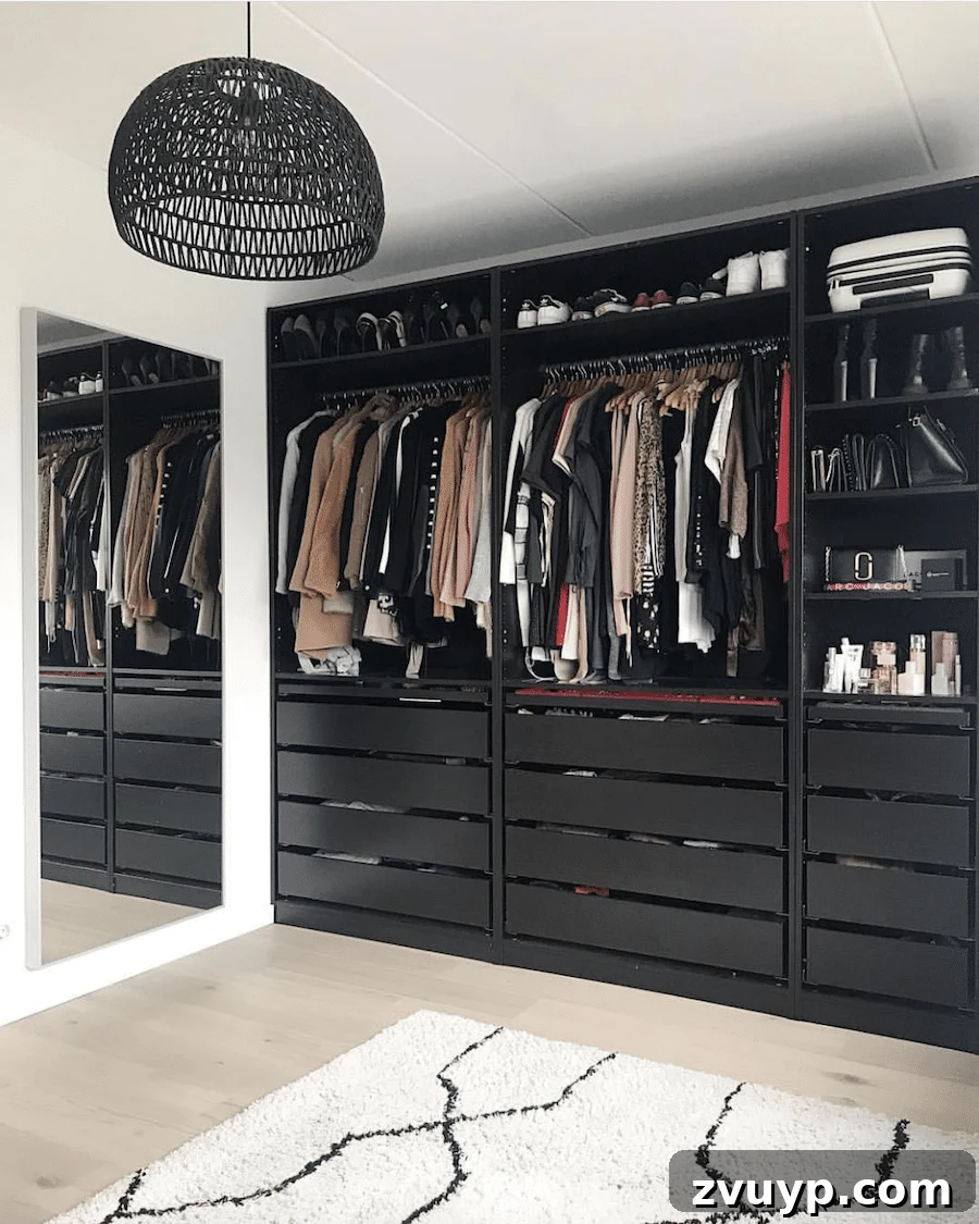 Smart DIY Upgrades for Your IKEA Pax Wardrobe 20 A dramatic black built-in bedroom closet, showcasing a sophisticated and modern aesthetic.