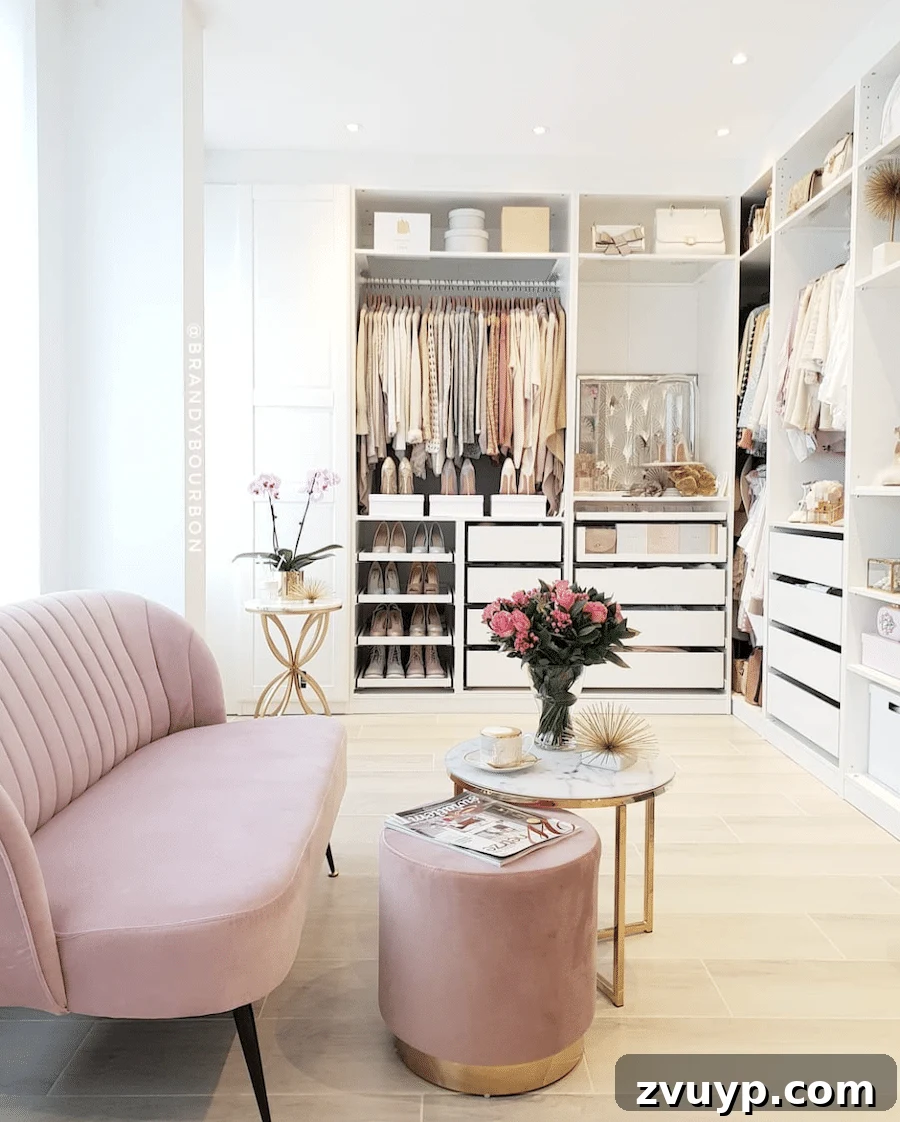 Smart DIY Upgrades for Your IKEA Pax Wardrobe 22 A custom IKEA closet design featuring a stylish pink sofa, transforming a large closet into a comfortable mini living area or dressing lounge.