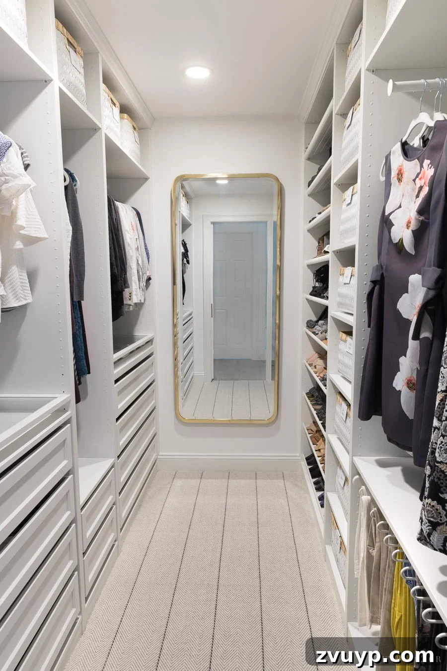 Smart DIY Upgrades for Your IKEA Pax Wardrobe 23 A master closet featuring IKEA shelves and drawers, complemented by a prominent full-length mirror for outfit planning and dressing.