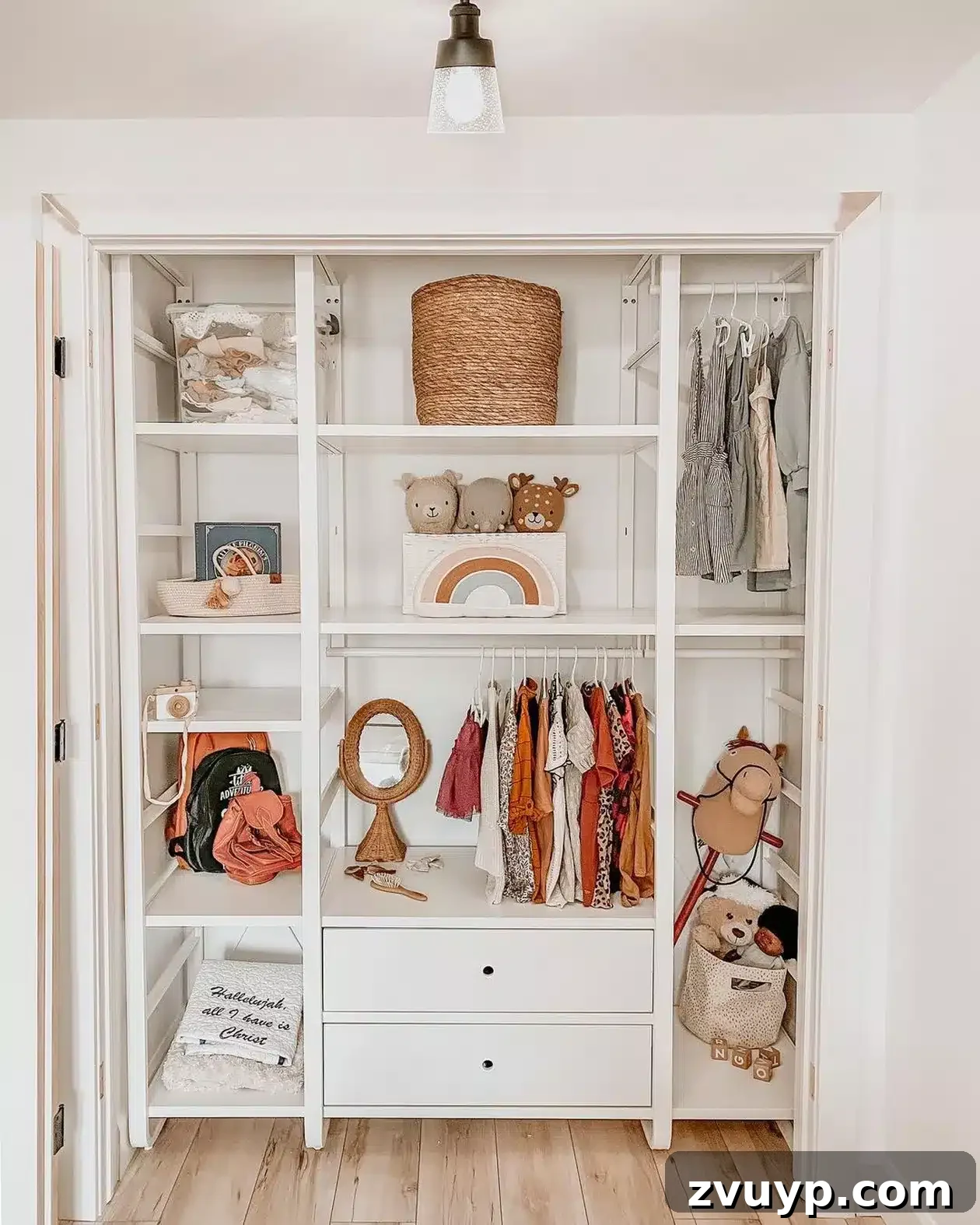 Smart DIY Upgrades for Your IKEA Pax Wardrobe 25 A built-in baby closet created from adaptable shelving units, offering flexible storage for a growing child's belongings.