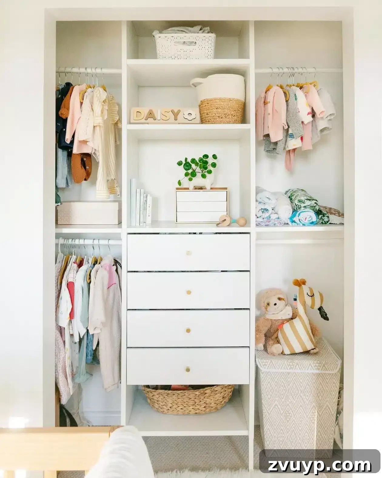 Smart DIY Upgrades for Your IKEA Pax Wardrobe 26 A nursery wardrobe system featuring drawers and clever use of the closet sides for attaching additional storage, maximizing space.