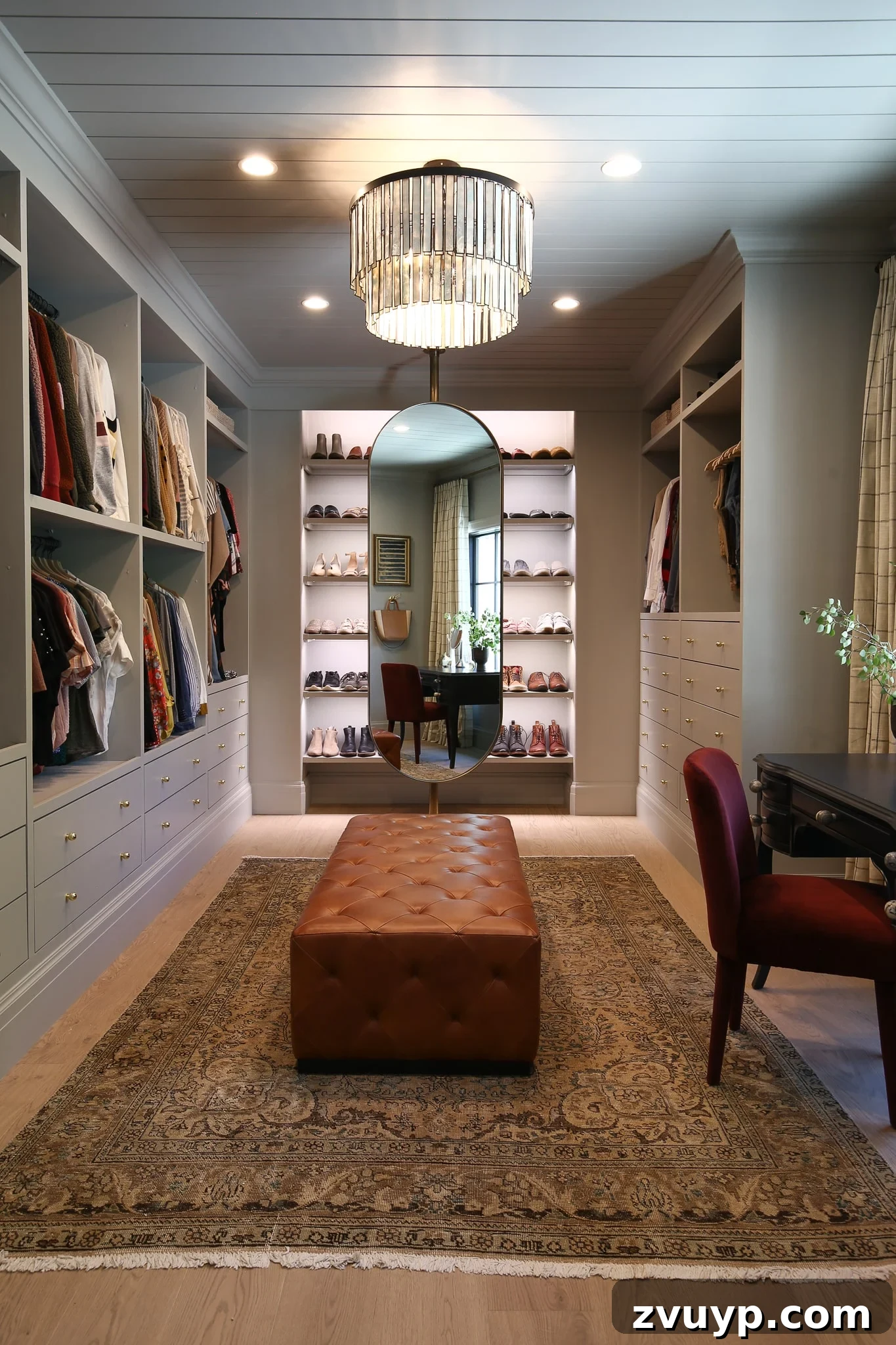 Smart DIY Upgrades for Your IKEA Pax Wardrobe 29 A modern traditional master closet with an elegant mirror stand and vanity, made cozy with an area rug.