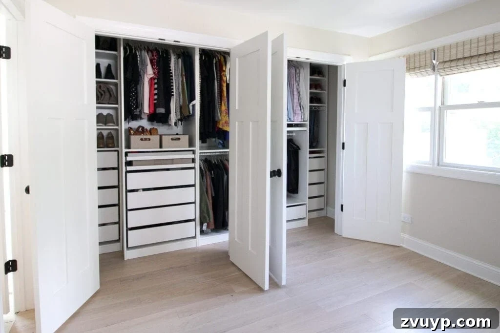 Smart DIY Upgrades for Your IKEA Pax Wardrobe 4 A beautifully organized his and hers IKEA PAX closet system, maximizing every inch of space with dedicated sections for each individual.