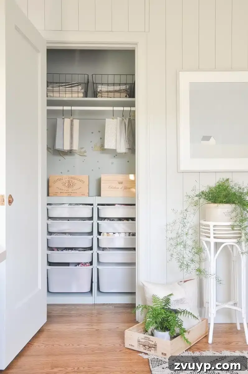 Smart DIY Upgrades for Your IKEA Pax Wardrobe 33 An IKEA closet transformed into a home office storage solution for craft and office supplies, utilizing various sizes of slide-out bins.