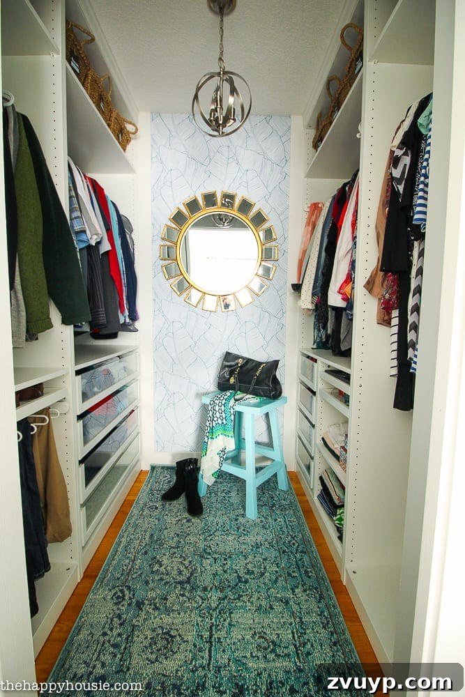 Smart DIY Upgrades for Your IKEA Pax Wardrobe 7 An IKEA PAX closet featuring a stylish rug and a vibrant wallpaper focal wall, adding personality and visual interest to the space.