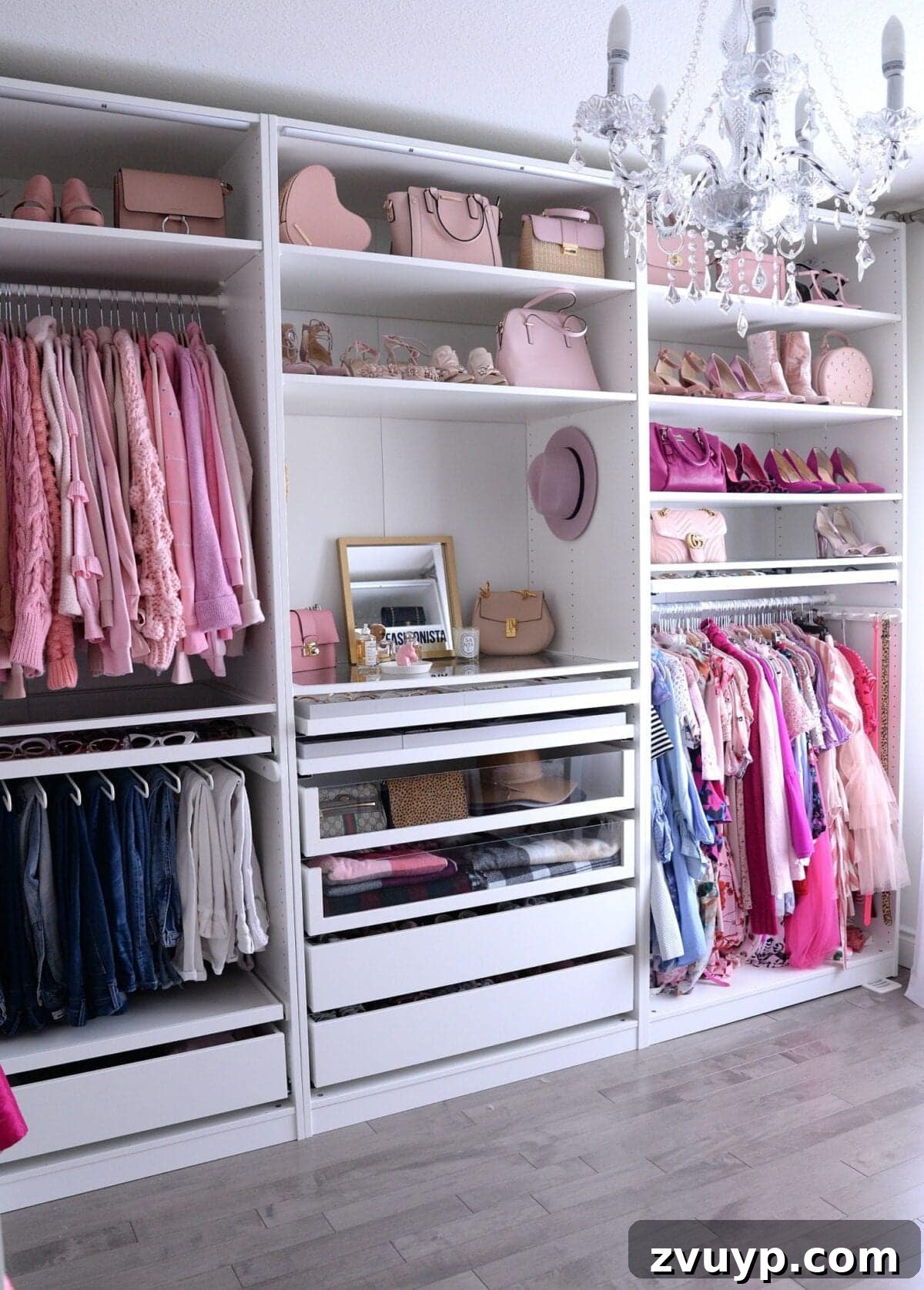 Smart DIY Upgrades for Your IKEA Pax Wardrobe 10 An IKEA PAX closet featuring a dedicated pink accessories niche on the top shelf, perfect for storing bags and purses.