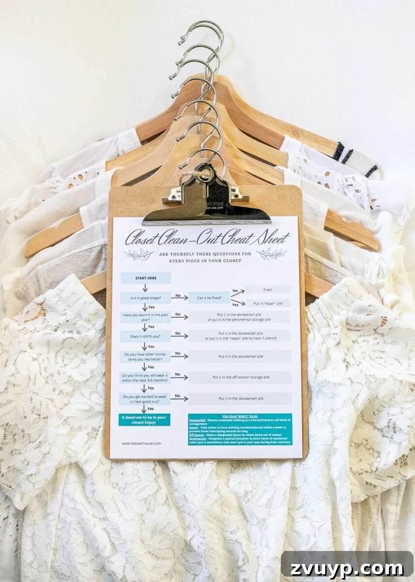 Your Definitive Guide to a Decluttered Wardrobe 5 The Ultimate Closet Cleanout Cheat Sheet printable, guiding wardrobe decluttering process.