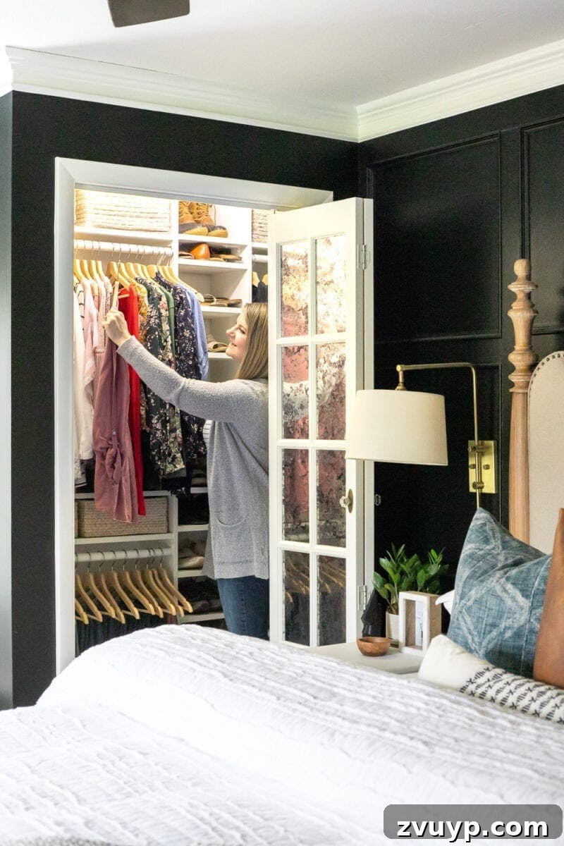 Small Master, Smart Storage: Our IKEA Closet Reveal 2 A beautifully organized small master bedroom IKEA closet with a custom system built using Billy bookcases and baskets.