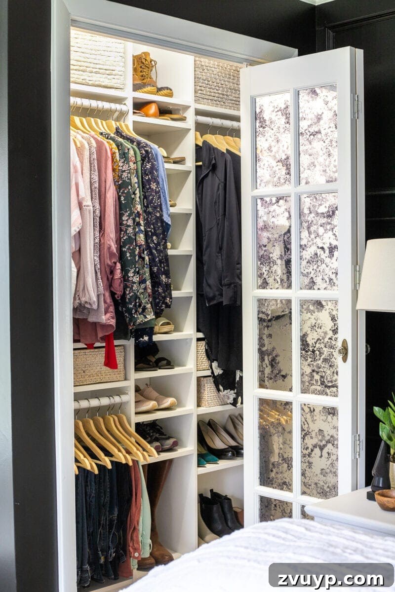 Small Master, Smart Storage: Our IKEA Closet Reveal 11 The stunning 'after' of Lauren's small master bedroom IKEA closet, showing comprehensive organization.