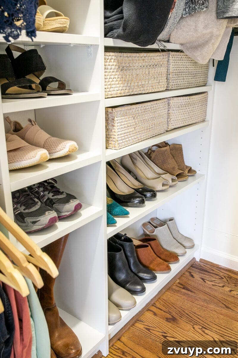 Small Master, Smart Storage: Our IKEA Closet Reveal 15 The custom-built shoe cubby in Lauren's closet, bridging two Billy bookcases for efficient shoe storage.