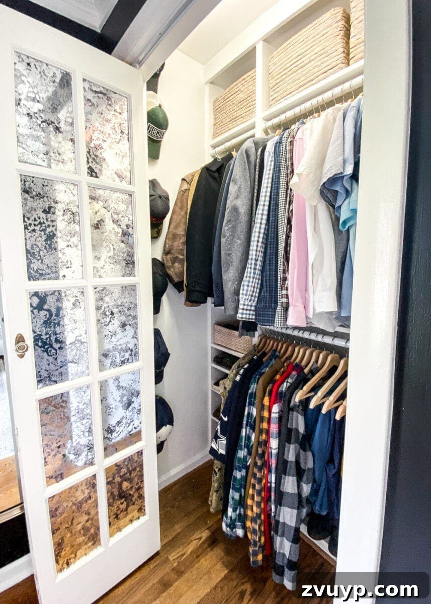 Small Master, Smart Storage: Our IKEA Closet Reveal 8 Robert's closet features a convenient pull-out rack for ties and belts, and hooks for baseball caps.