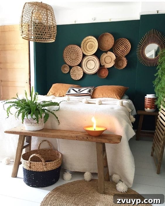 Curate Your Canvas Imaginative DIY Wall Decor 18 baskets hanging on a bedroom wall above a bed
