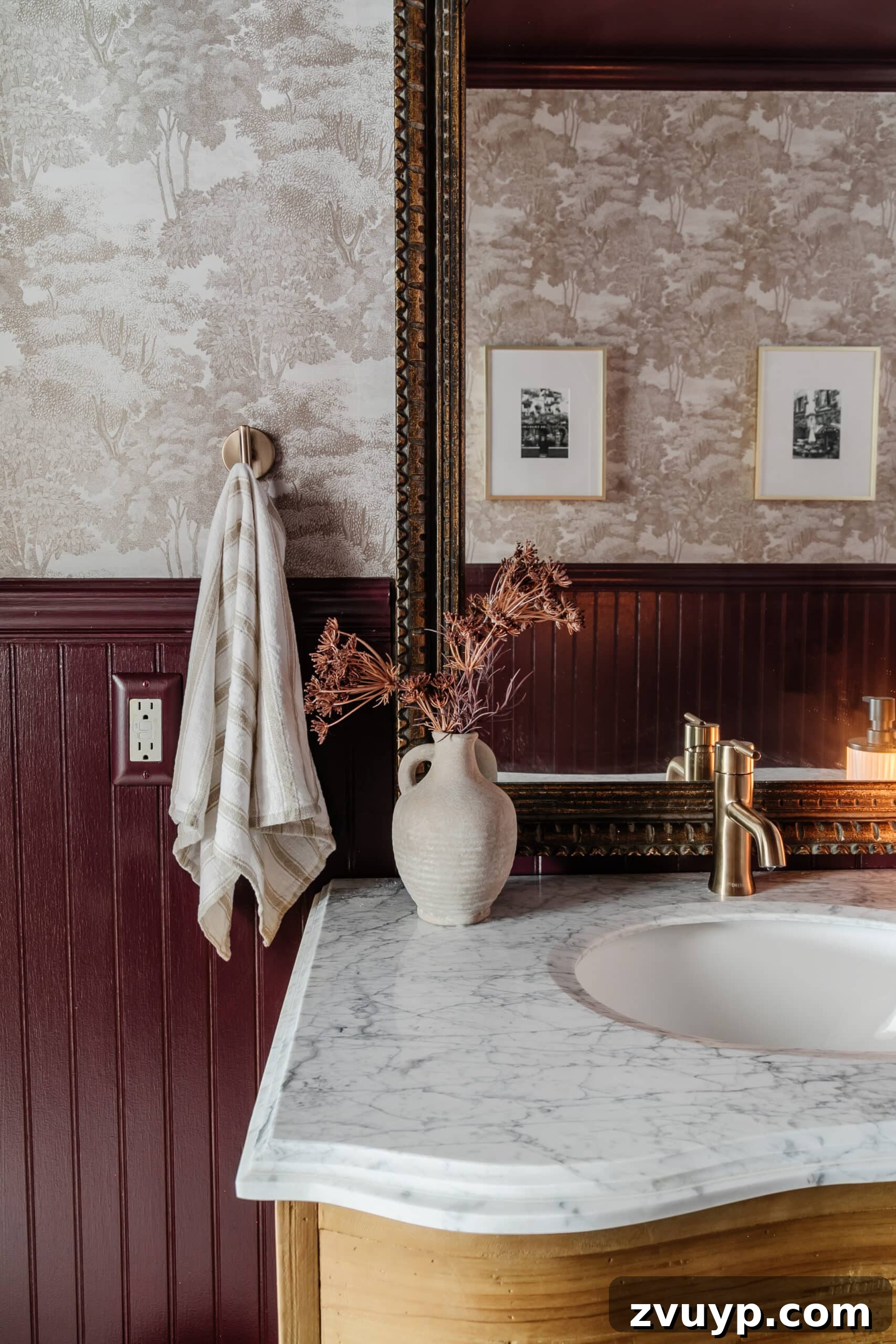 40 Clever Home Decor Upgrades Under $100 11 vintage bathroom mirror with sandberg wallpaper and burgundy painted beadboard