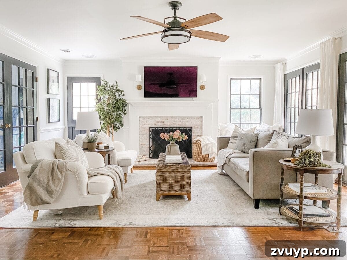 After photo of the cozy and stylish colonial living room with neutral tones and comfortable seating
