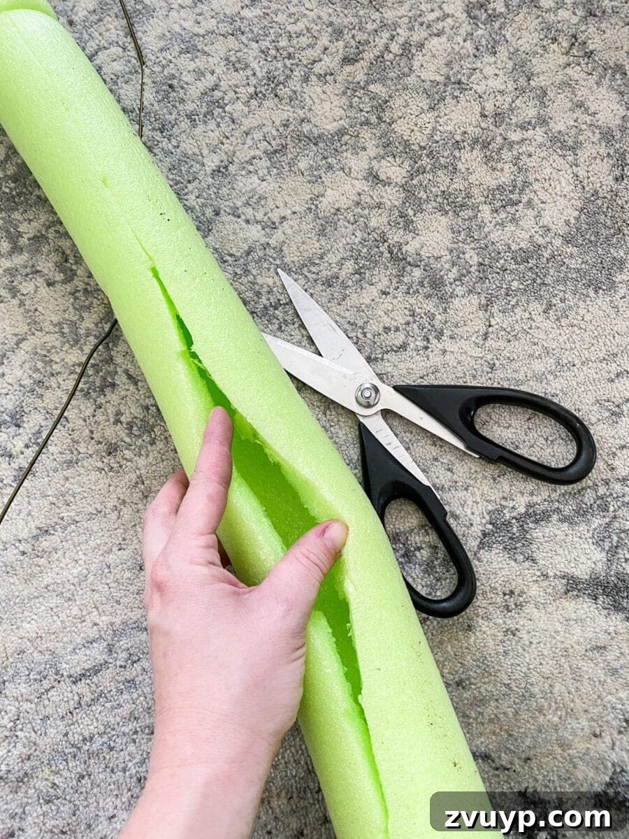 Transforming a Pool Noodle into a Unique Wreath 4 Cutting a pool noodle lengthwise
