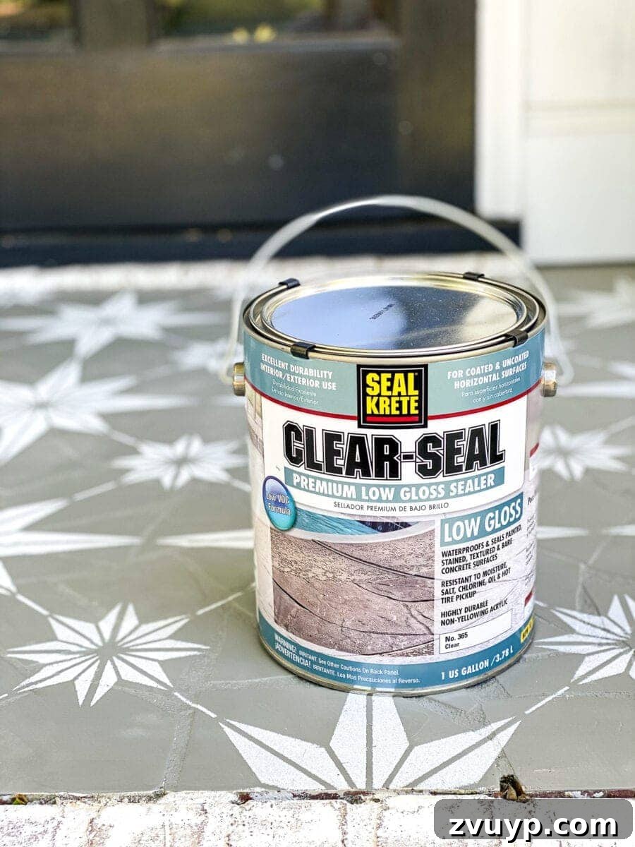 Patterned Porch Floor Revival 11 Applying Seal-Krete Clear-Seal Low-Gloss Sealer for ultimate durability